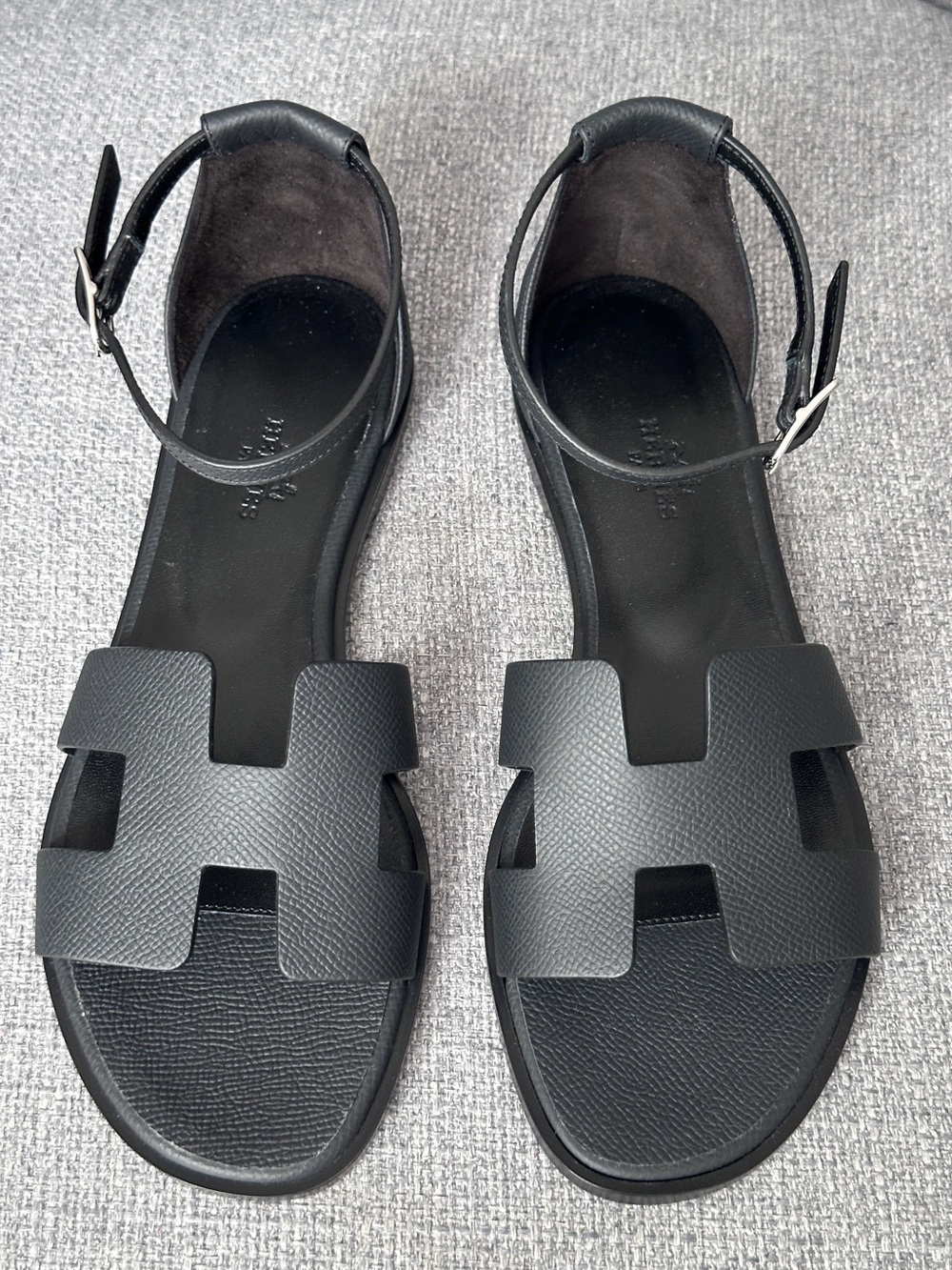 HERMES BLACK EPSOM LEATHER SANTORINI H SANDALS SIZE 37 NEW